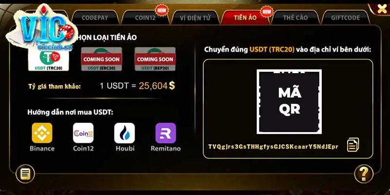 Nạp tiền Vicclub bằng tiền ảo